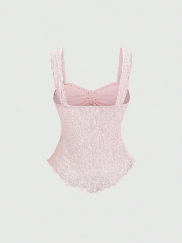 French soft pure aesthetic women cropped camisole solid lace jacquard fabric bow ornament waist cinched versatile sleeveless inn