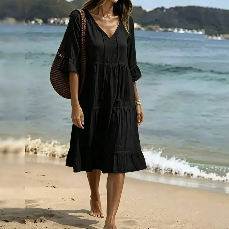 Women V Neck Tassel Drawstring Tiered Midi Dress 3/4 Flare Sleeve Loose Casual Beach Vacation Dress For Summer