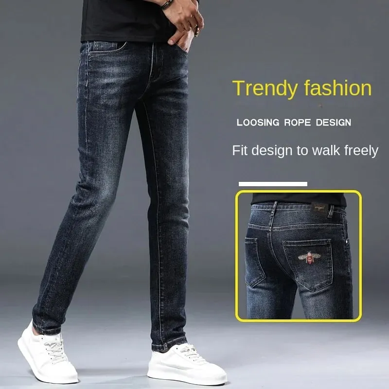 Jesienno-zimowe grube dżinsy dla mężczyzn 2024 nowa haftowana moda elastyczna Slim Fit wysokiej klasy odzież męska spodnie dżinsowe