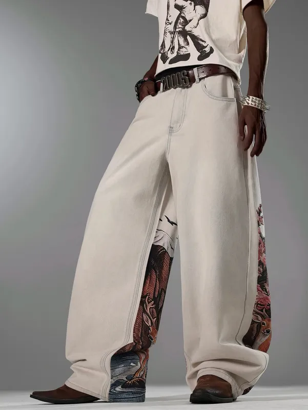 American Retro Art Natural Print Light Gray Baggy Jeans Man y2k Street Trend Fashion Versatile Straight-Leg Wide Pants
