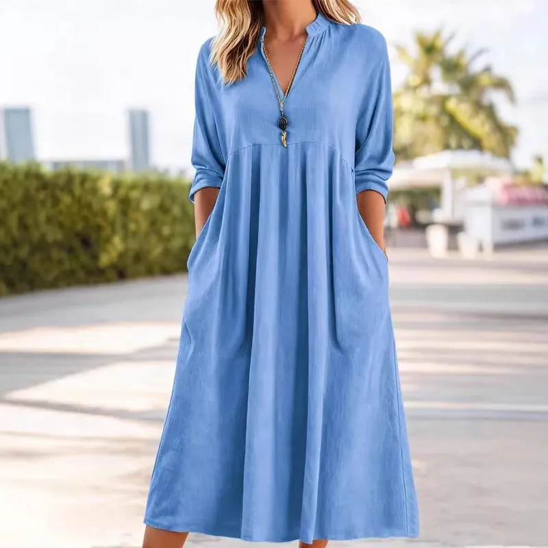 Spring Summer 2026 Loose Dress Women Vintage Linen V-neck Dual Pockets Mid-Calf Length One Piece Solid Dresses 3/4 Sleeve 64060 — image 2