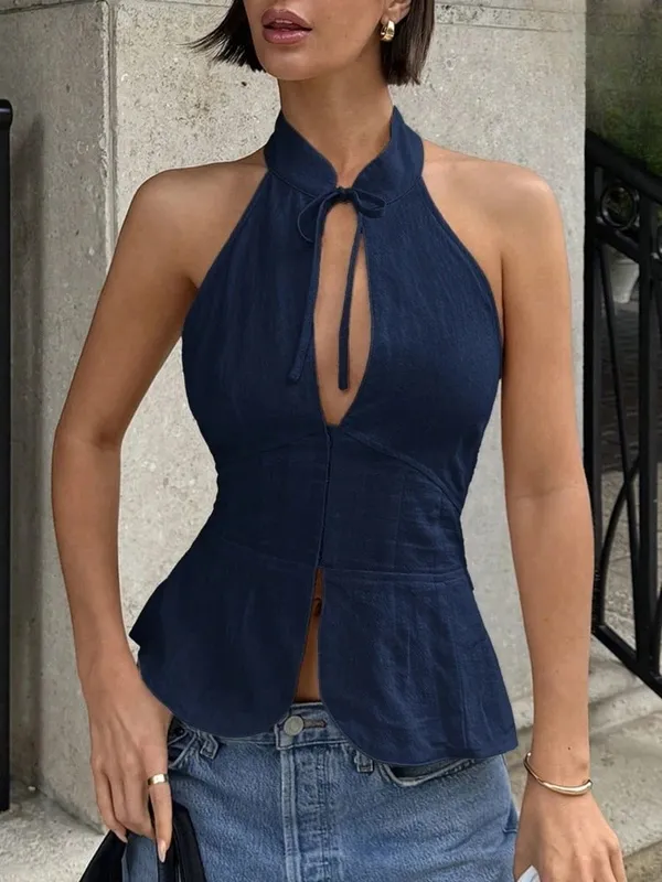 Woman Halter Neck Backless Fitted Crop Top Sleeveless Summer Street Stand Collar Slim Solid Color Tie Front Waist Fitted Top