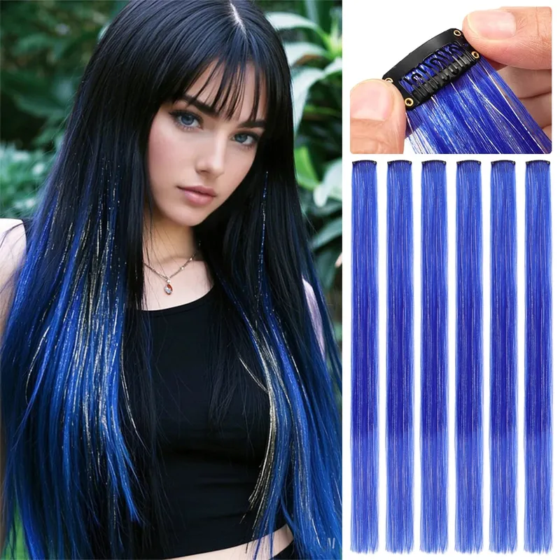 Synthetic 6pcs Clip in Hot Pink Hair Extensions Mix tinsels 22 Inch Colored Hair Extensions 2 in 1 Rainbow Hair