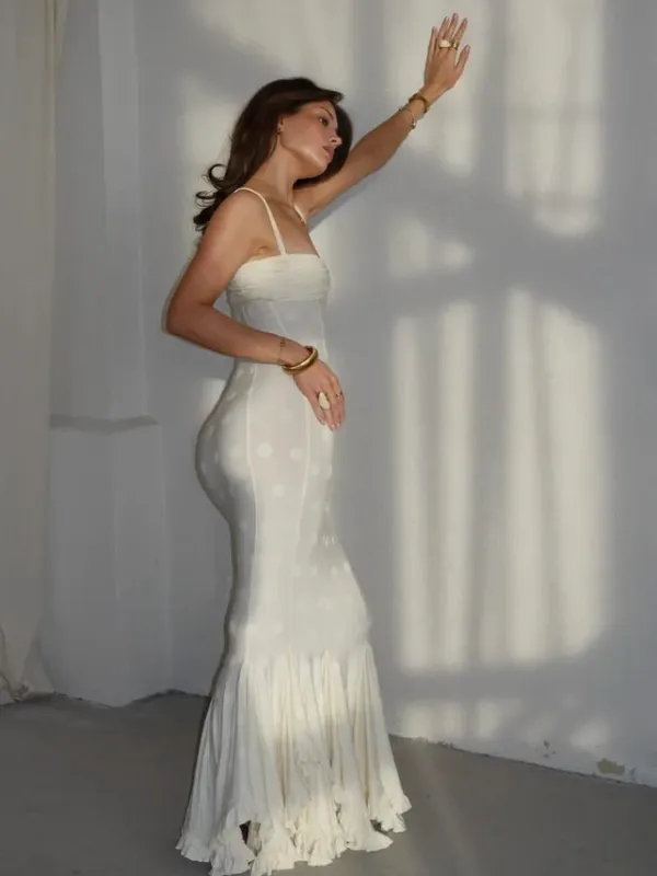 White Polka Dot Maxi Dress For Women Spaghetti Straps Sweetheart Bust Back Ruched Mermaid Flounce Hem Vacation Biryhday Dresses