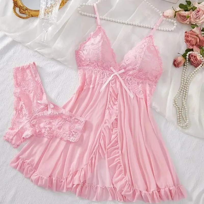 Women's Sexy Lace V-Neck Babydoll Lingerie Set 2 Piece Soft Nightdress with Panty Sleepwear for Honeymoon S-XL