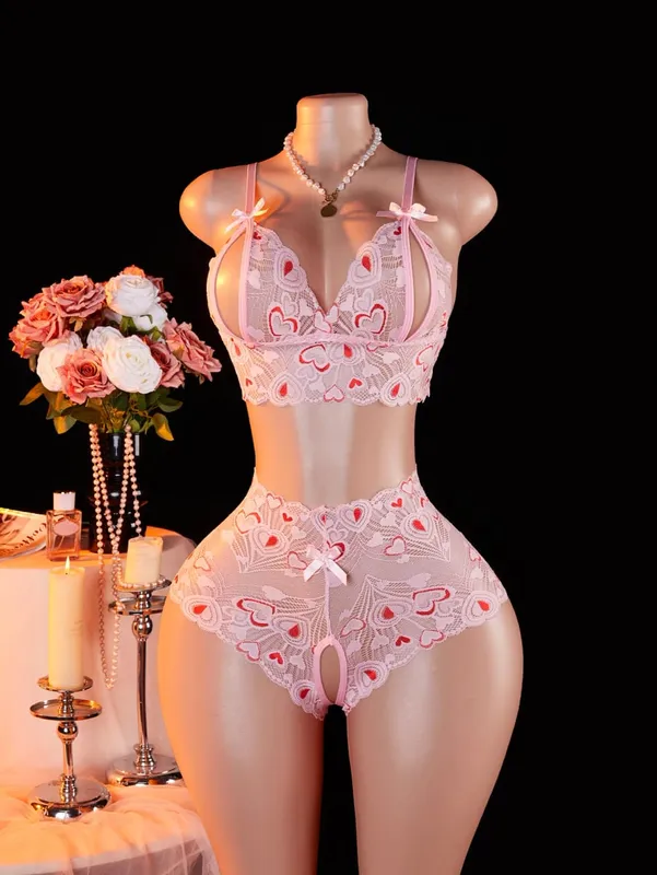 Pink Lace Open Brassiere Crotchless Panties Sexy Lingerie Female Sling Seductive Women's Fetish Transparent Underwear Sets — image 2