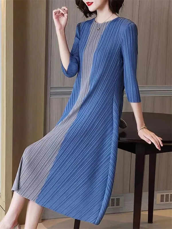 Hermosos vestidos de noche Miyake, vestido plisado para mujer, vestido sencillo a la moda con contraste elástico, suelto, manga corta, vestido con lazo en la cintura — image 5