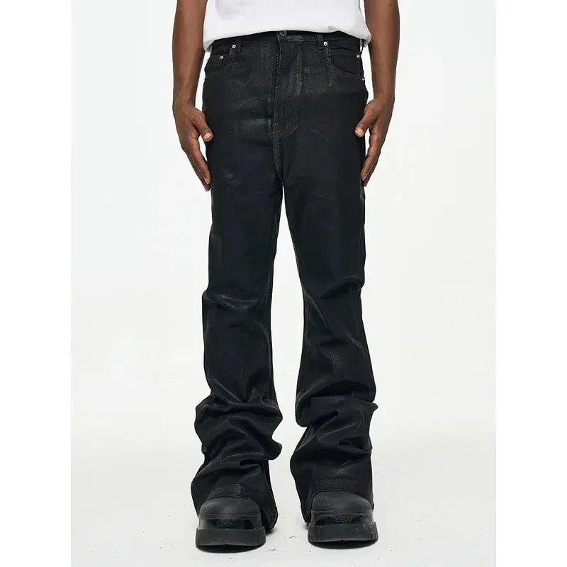 Mens High Street Vinyl Coated Black Jeans Crease Textured Wide Leg Boot Cut Slim Fit Casual Streetwear Pants