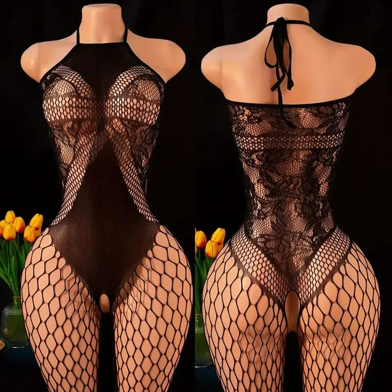 Women's Black Lace Fishnet Halter Neck One-Piece Bodystocking Wireless Unlined Stretch Mesh Lingerie One Size 8 Styles