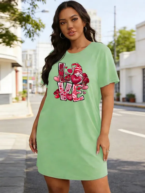 Women's Stylish Casual Plus-Size Design Heart-Shaped and Letter Print T-Shirt Dress - Casual Round Neck Stretch Fabric Machine