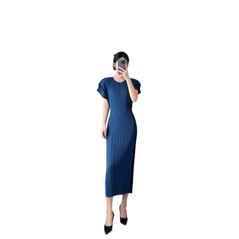 Miyake Stretch Pleated Slim Long Dress for Women Round Neck Short Sleeve Elegant Bodycon Midi Party Casual Dresses