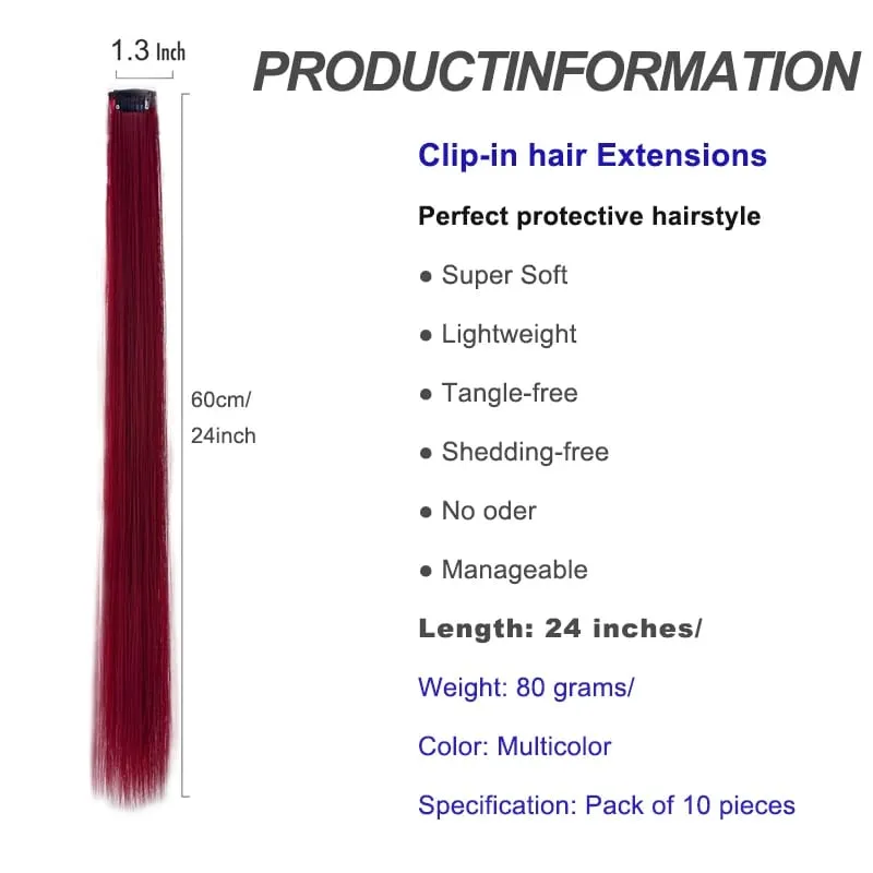 10PCS Hair Extensions Clip in -24 inch Colorful Hair Extensions Party Highlights Long Straight Synthetic Wigs Suitable for Girl