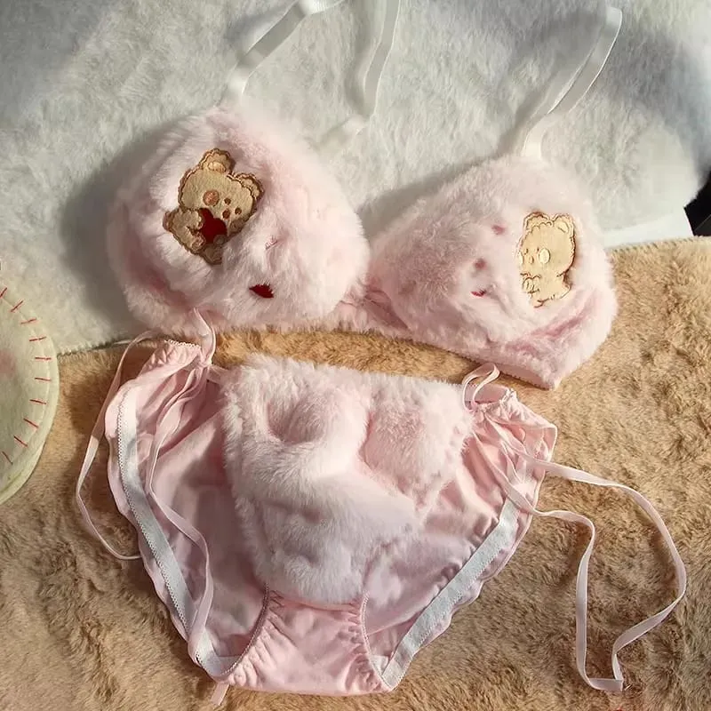 Women Winter Cartoon Plush Comfortable And Adorable Girl Bra Sexy Hot Lingerie Sexy Bras Soft Cute Bear Japanese-style Lingerie