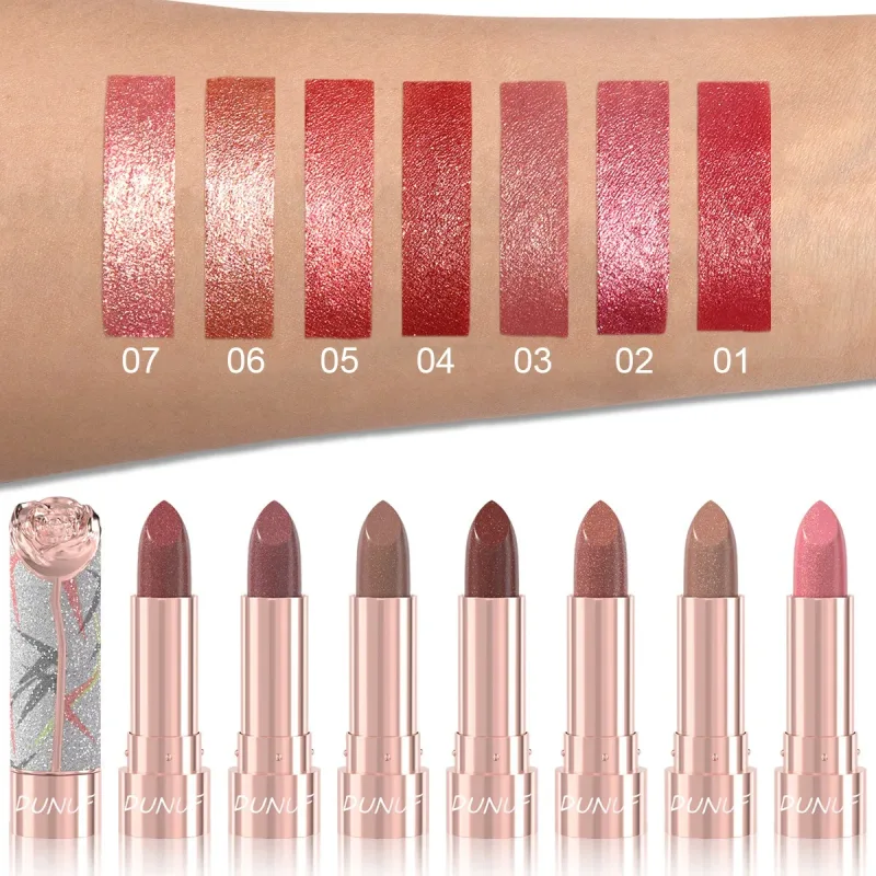 7 colores brillo dorado lápiz labial metálico brillo perla labios reluciente maquillaje alto pigmento terciopelo mate lápiz labial de larga duración