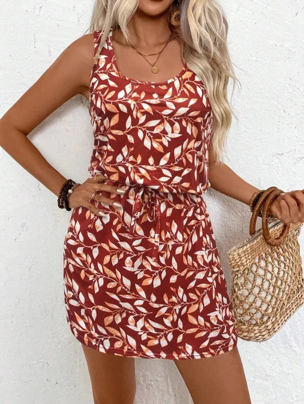 Women's Spring/Summer Fashion Leaf Casual Print Sleeveless Dress