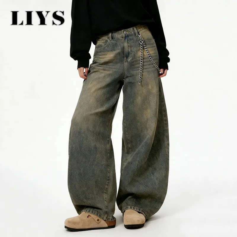 American Retro Baggy Wide Leg Jeans Men's Streetwear Distressed Y2K Clothing Casual Daily Four Seasons Denim Pants Unisex