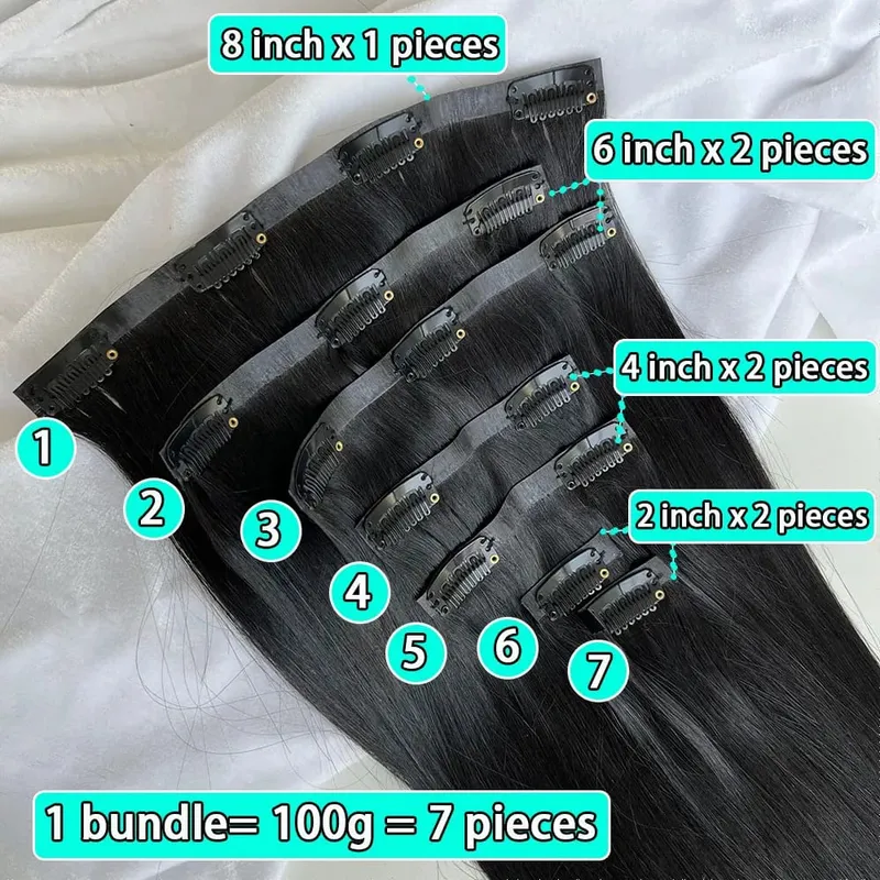 Raw Virgin Clip In Hair Extension 100% Human Hair Natural Black 100 Grams 7 Pieces Clip-On Hair Piece Full Head 16-30 Inch