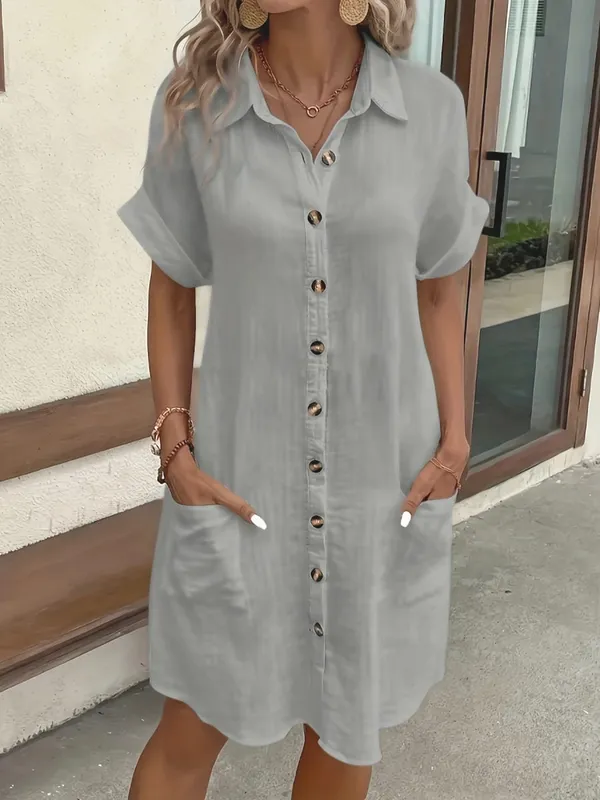 2026 European and American Cross Border Leisure Solid Color Cotton Hemp Buckle Long Short Sleeve Loose Shirt Dress Women's Wear