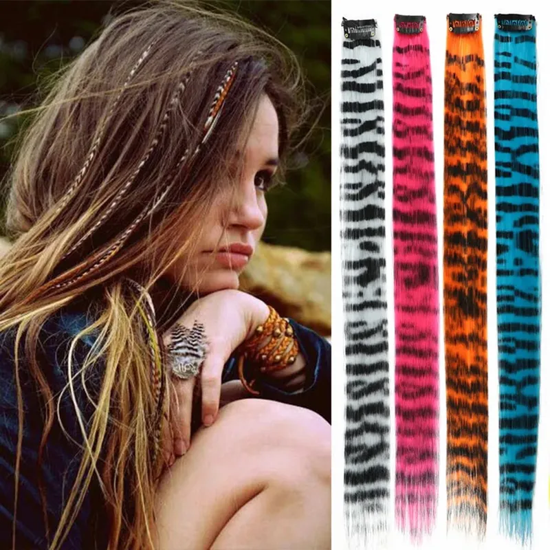 1Pc Clip-in Stripe Printed Synthetic Hair Colorful Long Straight Hair Pieces clip in Hair Extensions for Daily or Christmas wear