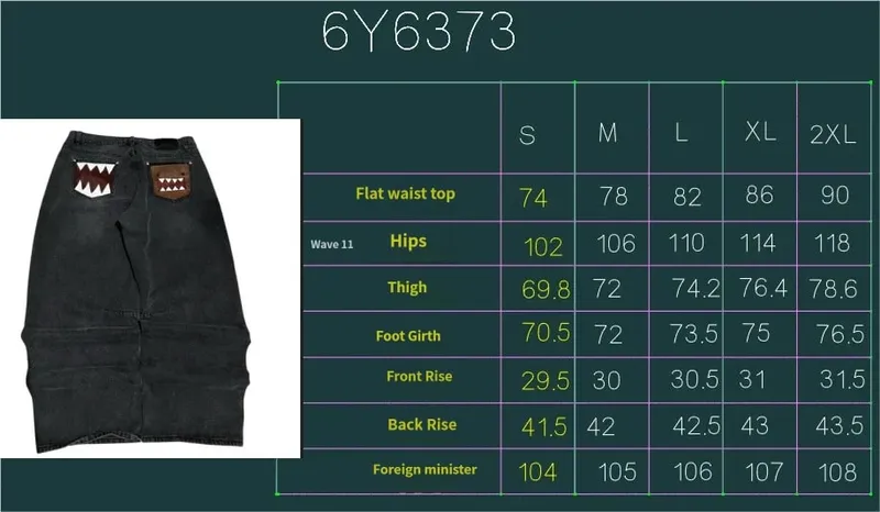Washed Black Baggy Men Monster Tooth Embroidery Jeans Pocket Wide Leg Denim Pants Y2k Streetwear Hip Hop Loose Trousers Unisex