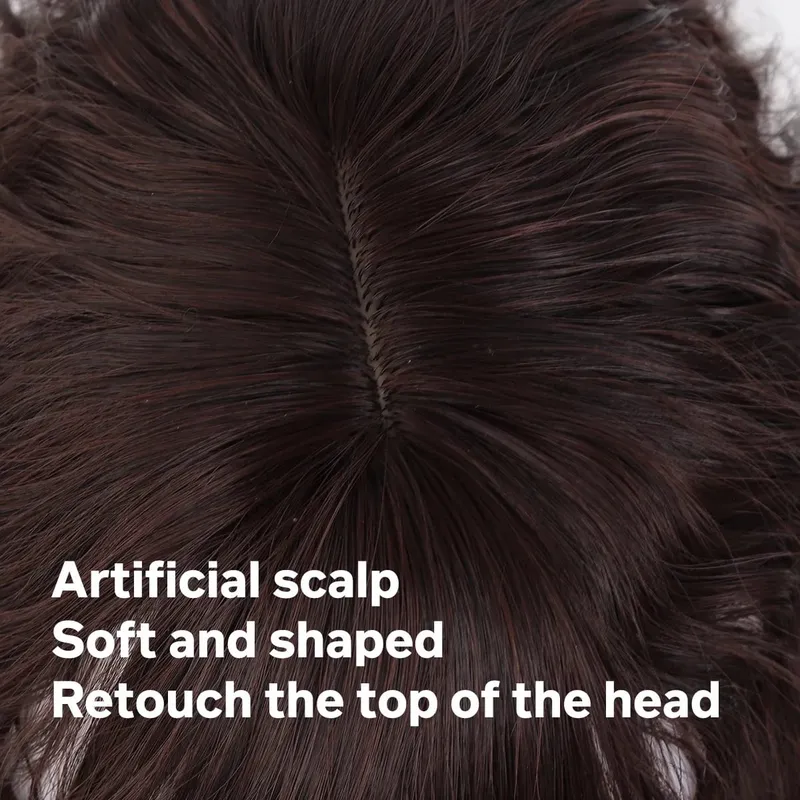Topper Synthetic corn beard replacement block wig heat-resistant curly hair clip wig on the top of a woman's head