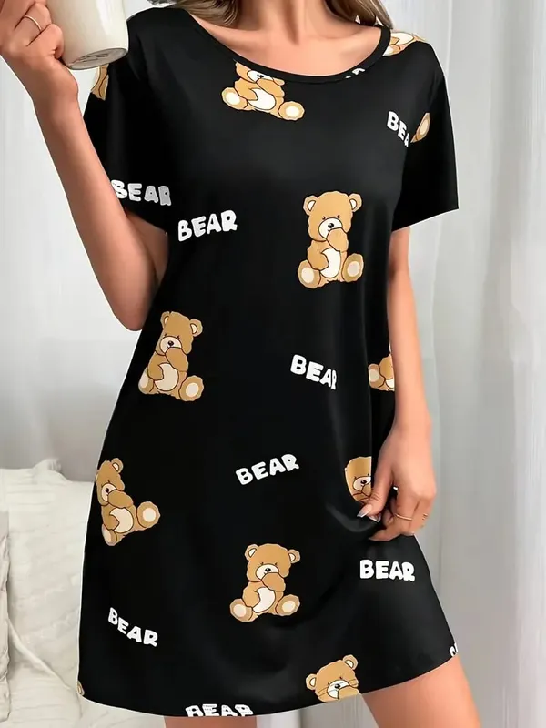 Women's Spring/Summer Fashion Bear Print Mid-Length Dress - Suitable for Daily Wear
