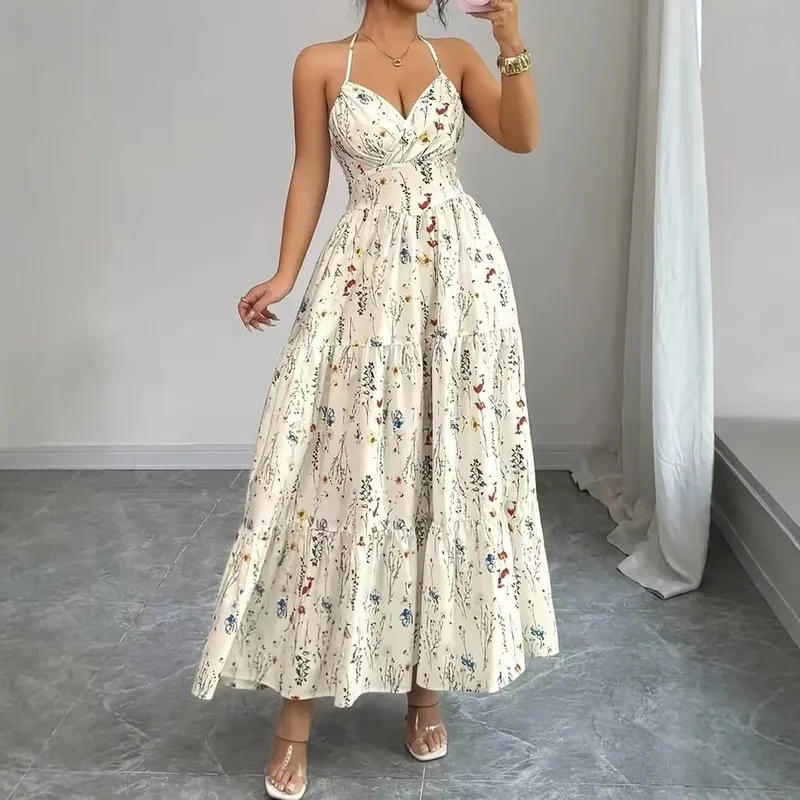Summer Sexy Suspender Dress Women New Fashionable Elegant Casual Loose Resort Style Sleeveless Mid-Waist V-Neck Long Dresses