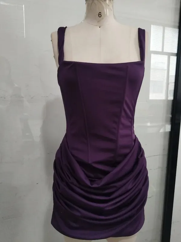 Brown Wide Strap Pleated Hem Dresses Women's Sexy Sleeveless Slim Fit Chic Mini Gown 2025 New Lady Summer Holiday Party Vestidos