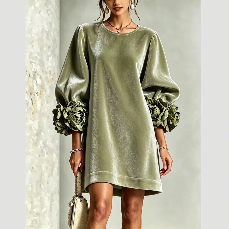 Autumn Winter Women Velvet Mini Dress O Neck Puff Long Sleeve 3D Flower Cuff Decor Loose Casual Hot Hit Fashion Short Dresses