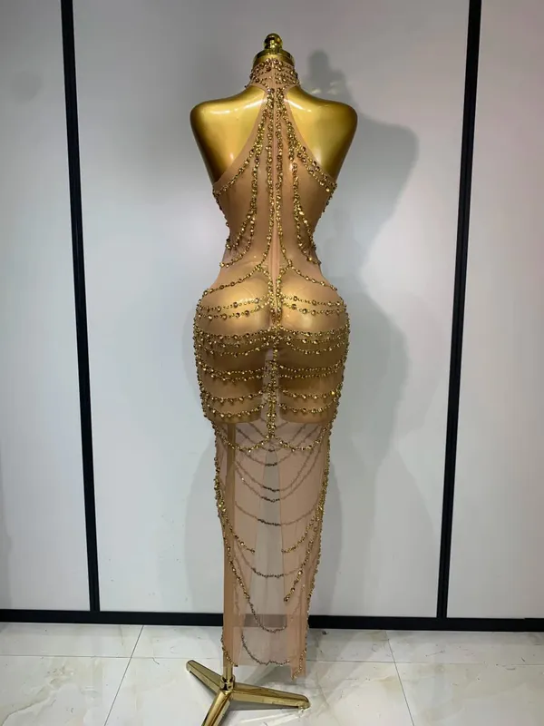 Sparkly Strass Sexy Transparent Mesh Lange Kleid 2025 Frauen Luxus Geburtstag Club Party Kleid Bühne Sängerin Leistung Kostüm