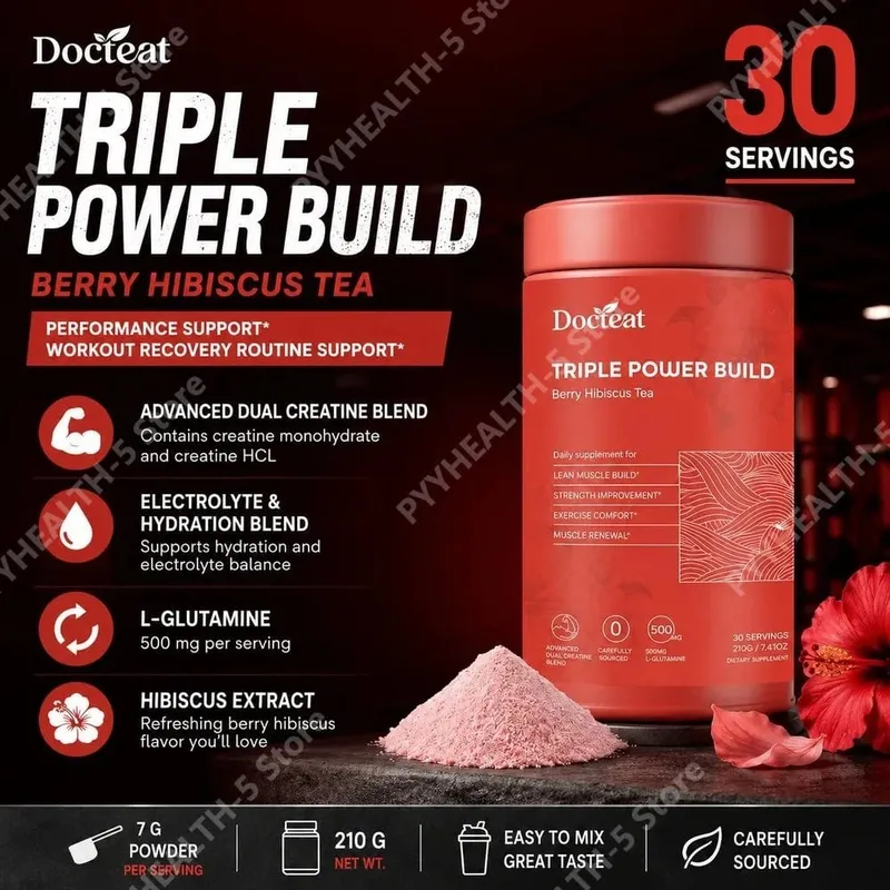 Docteat Berry Hibiscus Tea Creatine Powder with Creatine HCL and L-Glutamine Supports Hydration and Electrolytes 30 Servings