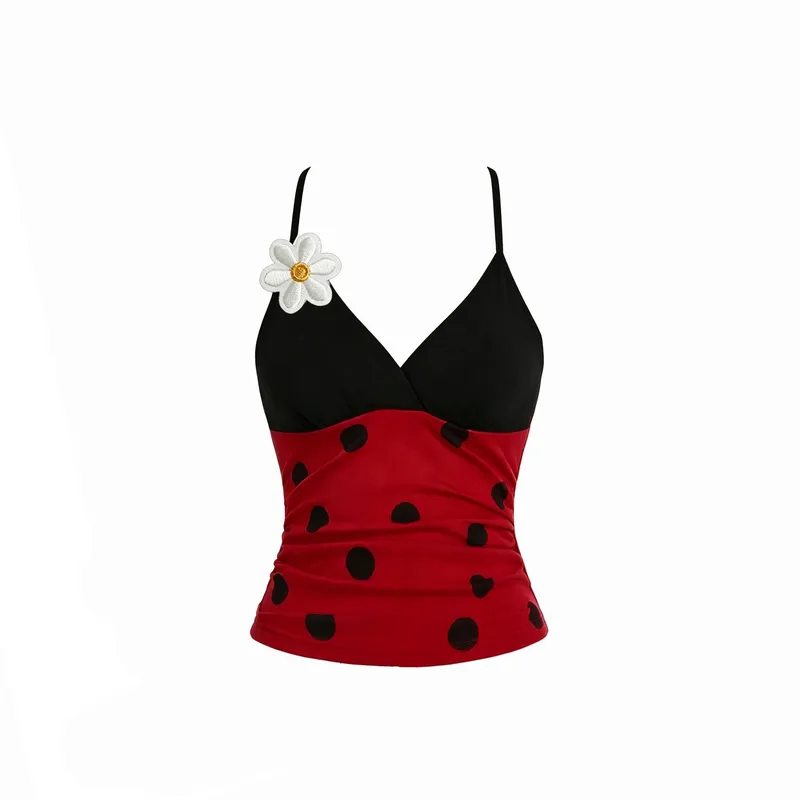 Kawaii Womens Ladybug Polka Dot Cami Top 3D Daisy Floral Decor V Neck Spaghetti Strap Tank Top Cute Y2K Cosplay Crop Camisole