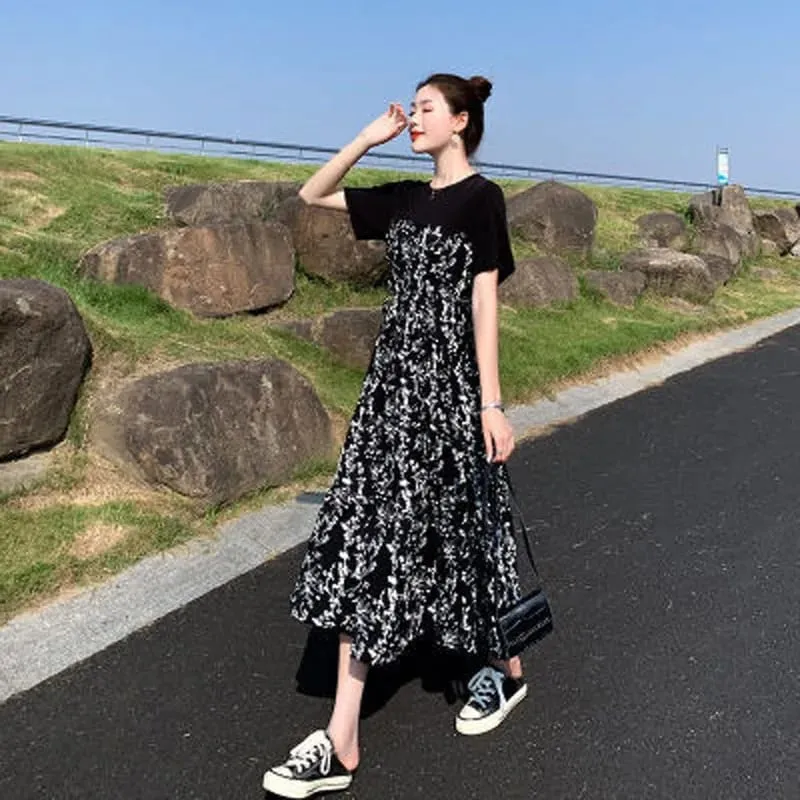 Women Dress 2026 Summer New Hepburn Style Midi Floral Dress High Waist Slim Fit Short Sleeve Long Dress