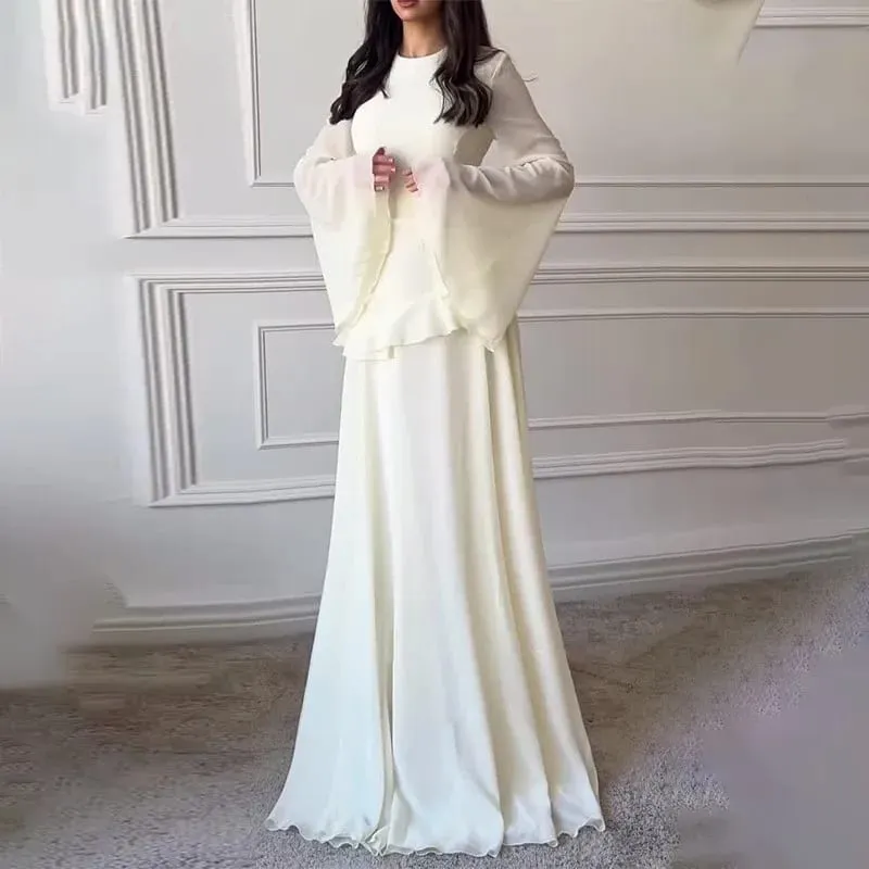 女士雪紡純色荷葉邊連身裙喇叭袖圓領 2025 新款優雅長袍晚會時尚度假女士 — image 7