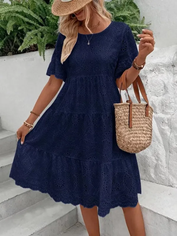 Women's White Eyelet Embroidery Midi Dress Hollow-out Boho Flowy Ruffle Tiered Dress Casual Short Sleeve Summer Beach Dresses