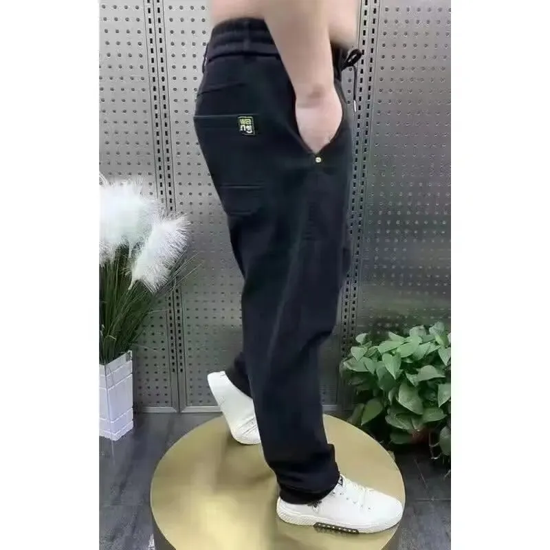 Harajuku Stretch Korea Streetwear Loose Solid Denim Jeans Elastic Waist for Men Spring Summer New plus size 7XL 8XL Casual Pants