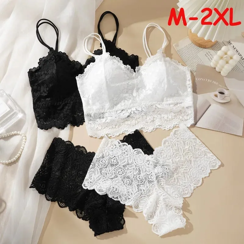 Women's Sexy Lace Bra And Panties Set Solid Color Back Hollow out Design Breathable Underwear with Lace Flower Detail No Steel R