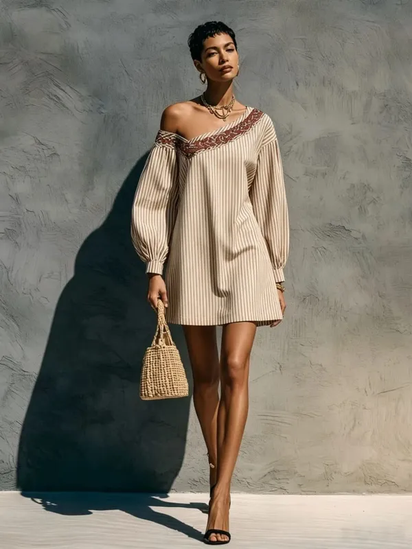 Loose Simple Dress With Stripes Fashionable Autumn Winter Street Style Long Sleeved Embroidered Shoulder Length Short Dresses