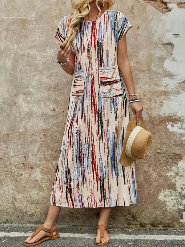 Elegant Directional Round-Neck Double Pocket Colored Stripe Long Summer Dress