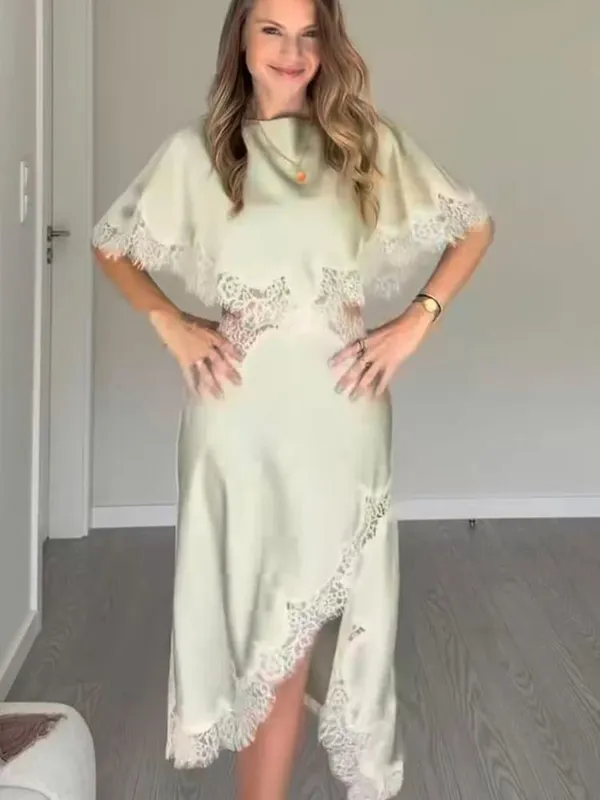 Women's Lace Trim Dress Cloak Sleeve Asymmetric Hem Cut Out Mini Dress Elegant Street Fashion Casual O Neck Dresses