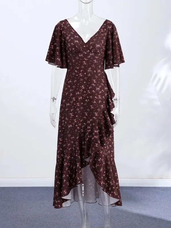 Fashion Printed Women's Dress Short Sleeve V-Neck Ruffle Waist-Closed Side Split Floral Dresses 2026 Summer Elegant Female Robe