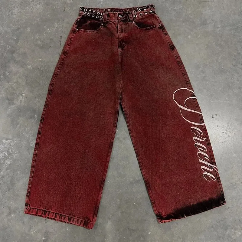Y2K Casual Loose Jeans Vintage Letter Print Rivet Waist Belt Design Red High Waist Wide Leg Jeans Men Women Hip Hop Streetwear