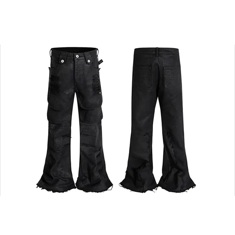 Streetwear Brush Wax Triple Tassel Jeans Pants for Men Frayed Hole Harajuku Ropa Hombre Baggy Casual Denim Trousers Oversized