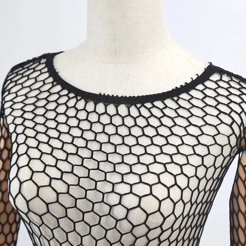Sexy Hollow Out Mesh T-Shirt Female Skinny Crop Top Fashion Summer Basic Tops for Women Fishnet Shirt