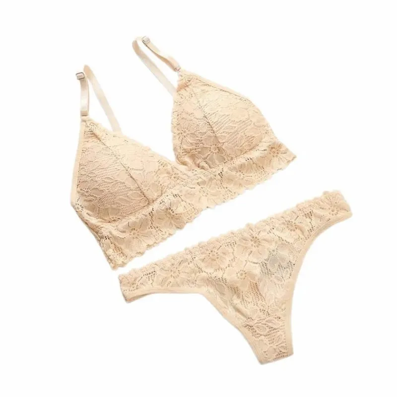Fashion V Neck Lace Flower Bra Set Thong Solid Color Floral Panties Bra Kit Lingerie T-Back Lace Underwear Valentine's Day Gift