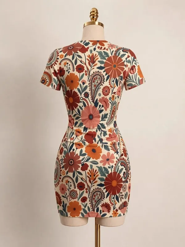 Pakaian Mini Bodycon Lengan Pendek Wanita Slim Fit Leher Krew Cetak Bunga Kasual Pesta Musim Panas Comel Regangan Bergaya Sundress