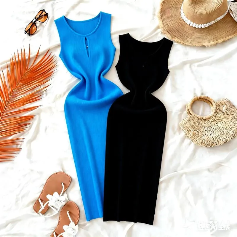 Women's Solid Summer Blue Pink Midi Dress Sleeveless Stretchy Knit Ribbed Keyhole Cutout Bodycon Sundress Party Vacation Dress