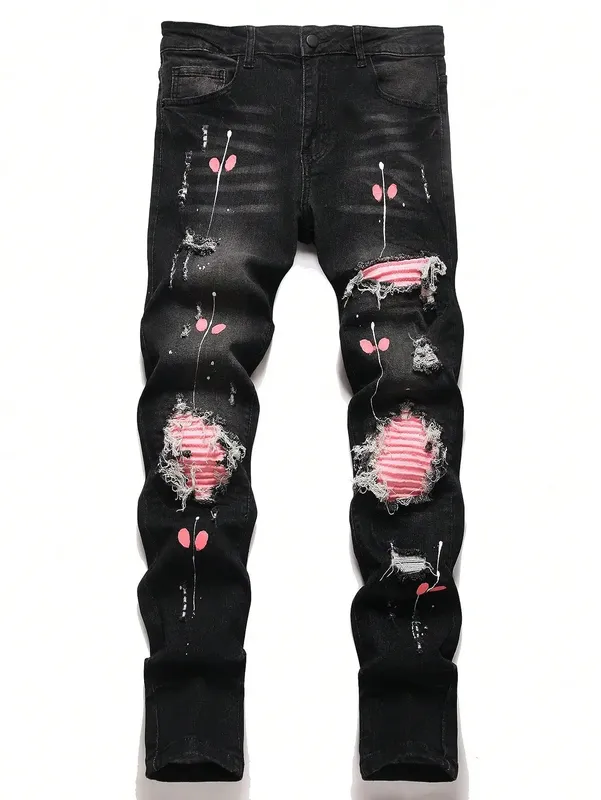 Jean en Denim déchiré pour hommes, pantalon slim hip-hop, décontracté, coupe cintrée, avec broderie patchwork, streetwear