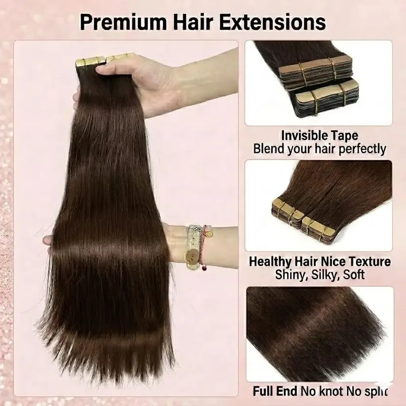 16A Tape In Hair Extension 100% Human Hair Straight Brown 4A# Seamless Invisible Tape In Human Hair Extensions 63 Pcs-150g 16 18 20 22 Inch Colored Remy