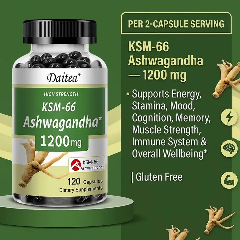 KSM-66 Ashwagandha 1200mg Capsules Stress Relief Energy Focus Muscle Recovery & Mood Support Improves Athletic Performance